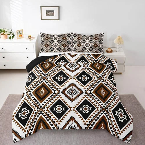 Miniatura 22 de Erosebridal - Juego de ropa de cama estilo tribal bohemio azteca, edredón con estampado étnico blanco y negro, bohemio, tamaño King, juego de Multi