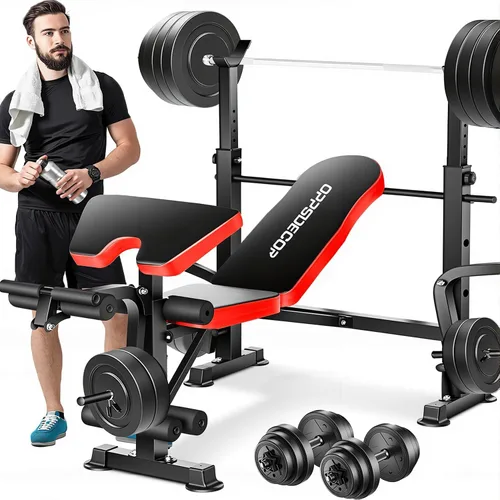OPPSDECOR 6 in 1 900LBS Weight Bench with Leg Extension and Leg Curl, Foldable Bench Press Set and Squat Barbell Rack with Preacher Curl, Adjustable