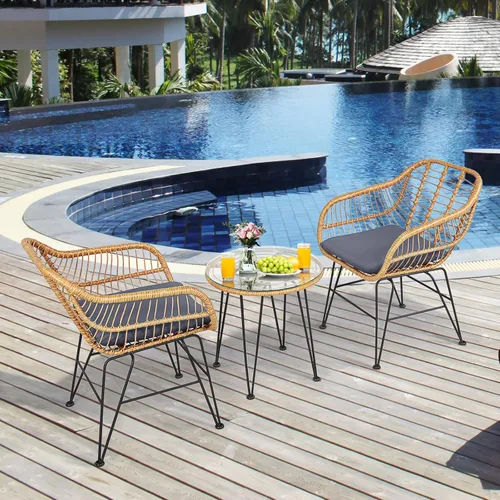Miniatura 3 de Tangkula Juego de 3 piezas de patio bistró, juego de conversación de ratán con 2 sillones acolchados y mesa de centro redonda de cristal, juego