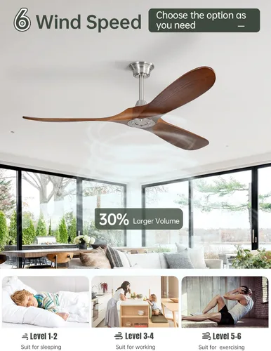 Miniatura 3 de Sofucor Ventilador de techo de 60 pulgadas con control remoto, níquel cepillado y nogal claro, 3 aspas de madera, motor CC reversible, temporizador