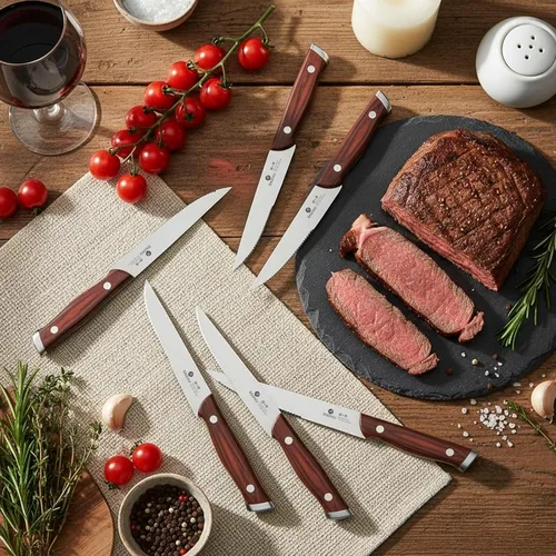 Miniatura 6 de imarku Juego de 6 cuchillos para carne, juego de cuchillos de carne dentados de 9 pulgadas, acero inoxidable japonés de alto carbono, cuchillas