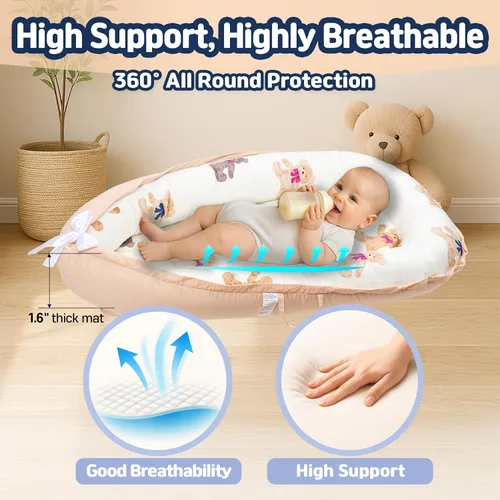 Miniatura 5 de Tumbona para recién nacido de 0 a 24 meses, almohada para bebé y tumbona con nido, almohada infantil transpirable de algodón orgánico, nido portátil