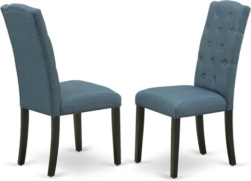 East West Furniture CEP1T21 Celina Parson - Juego de 2 sillas acolchadas de tela de lino azul mineral con botones, color negro