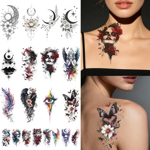 Miniatura 20 de 10 hojas de calcomanías temporales de henna de henna 5P negro + 5P marrón, calcomanías de tatuaje para mujeres, calcomanías de arte corporal para 5