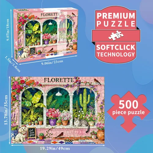 Miniatura 2 de Rompecabezas de 500 piezas para adultos, ventana de jardín floral con lindo cachorro de gato, rompecabezas de papel para decoración de plantas