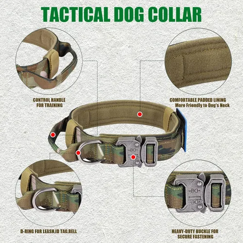 Miniatura 2 de Collar táctico de nailon - Hebilla de metal resistente con asa para entrenamiento de perros, con parches (camuflaje, M)