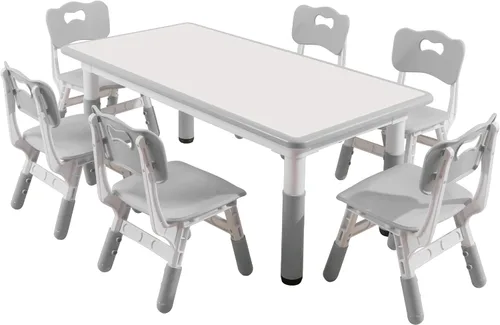 Miniatura 8 de Juego de mesa y sillas para niños, escritorio ajustable en altura con 6 asientos para edades de 3 a 12 años, mesa de arte y manualidades, escritorio