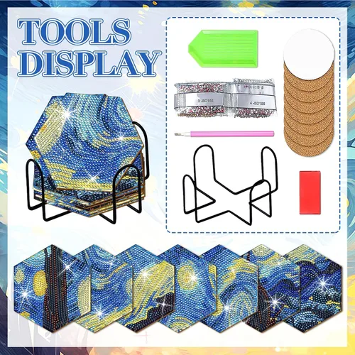 Miniatura 7 de Posavasos de arte de diamante Van Gogh Starry Night, 7 posavasos hexagonales con soporte, pequeños kits de pintura de diamantes para adultos