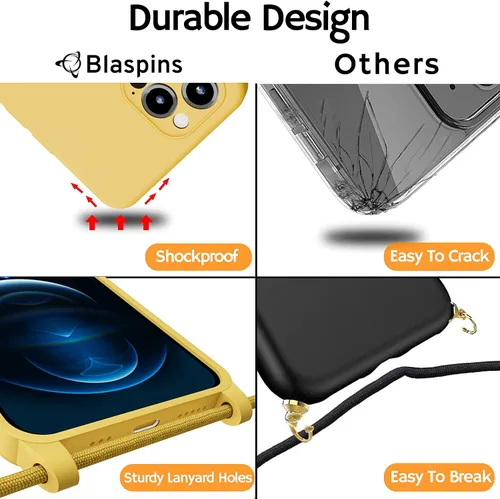 Miniatura 7 de Funda cruzada con cordón para iPhone 16, para el cuello, la muñeca, manos libres, correa ajustable y removible, de 160 cm, de silicona con Amarillo