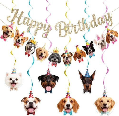 Alynta Cartel de feliz cumpleaños con texto en inglés "Dog Happy Birthday", decoración de fiesta de cumpleaños con purpurina dorada NO DIY, cartel