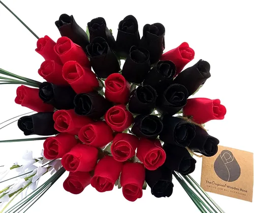 Miniatura 9 de Rojo con puntas negras y ramo de rosas de madera blanca (2 docenas)