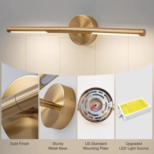 Miniatura 5 de Lámparas doradas para baño sobre espejo de 24 pulgadas, 18W 360° Giratorias Regulables 4000K Lámpara de Tocador LED de Latón, Luces de Tocador