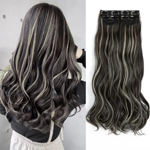 Miniatura 7 de Extensiones de cabello con pinzas, balayage, color marrón oscuro medio a rubio ceniza pálido, juego de 3 piezas, 16 pulgadas, 5.23 onzas, invisible