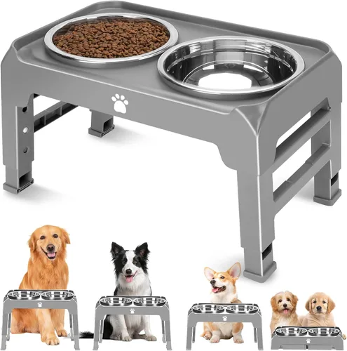 Soporte elevado para cuenco para perros con 2 cuencos de acero inoxidable, altura ajustable para perros medianos y grandes, comedero plegable de Gris
