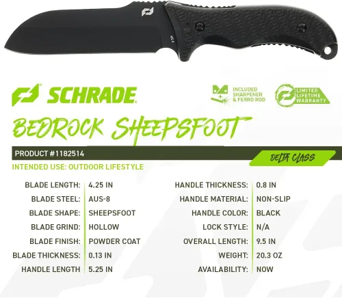 Miniatura 4 de Schrade Delta Class Bedrock Sheepsfoot Fixed Blade with 10.4in Stainless Steel Blade, TPE Handle for Outdoor Survival, Camping, Bushcraft