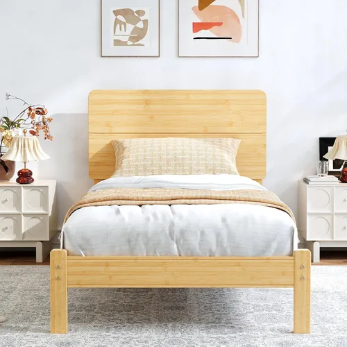 BOSRII Base de cama de madera de bambú maciza de 12 pulgadas de alto tamaño individual con cabecero, listones de metal reforzados, sin ruido, no