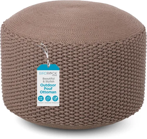 BIRDROCK HOME Puf Otomano para Exteriores | Taburete Reposapiés Impermeable Tejido a Mano con Relleno de Bolsa de Perlas | Reposapiés Bohemio para
