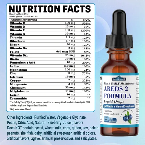 Miniatura 9 de AREDS 2 + Formula Liquid Drops for Macular Health, suplemento 22 en 1 de vitaminas y minerales para los ojos con luteína y zeaxantina, cobre, zinc
