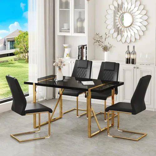 Miniatura 29 de Moderno juego de mesa de comedor para 4, juego de mesa de comedor dorado de 55 pulgadas con 4 sillas de piel sintética negra, mesa de madera negra