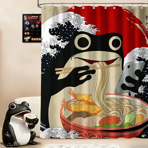 Miniatura 8 de Cortina de ducha estrecha con diseño de gato negro y animé japonés para casa rodante, juegos de decoración de baño, tela impermeable con ganchos, 36