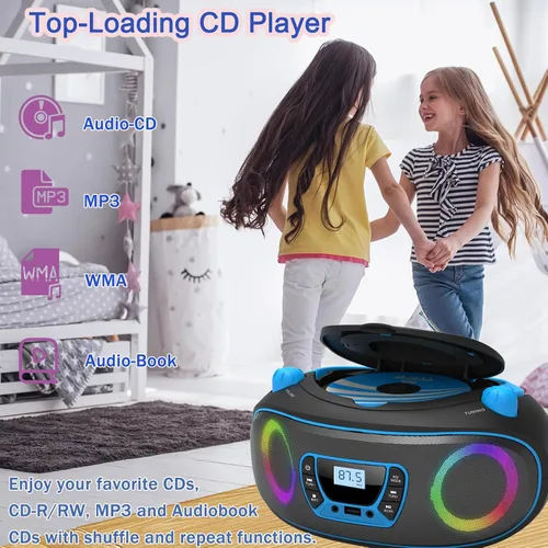 Miniatura 4 de Reproductor de radio portátil CD Boombox con Bluetooth, radio FM, reproducción de MP3 por USB, entrada AUX, conector para auriculares, compatible