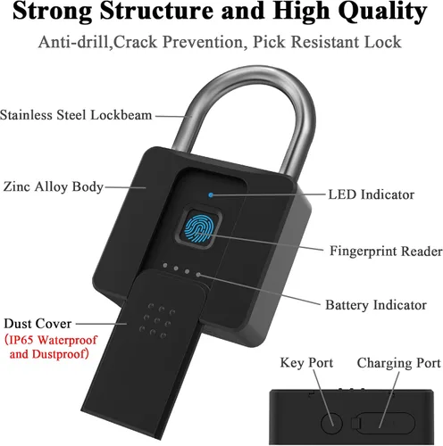 Miniatura 8 de Candado de huellas dactilares, Dhiedas Pad Lock con huella dactilar Bluetooth llave impermeable resistente cerradura de combinación para valla al