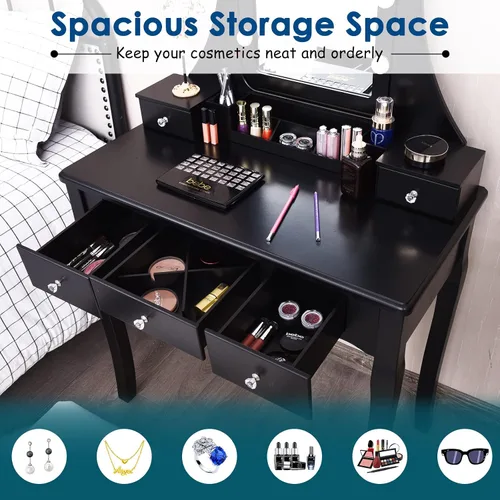 Miniatura 4 de LDAILY Juego de mesa de tocador con 10 luces LED, tocador de maquillaje con espejo cuadrado iluminado giratorio de 360°, taburete acolchado y 5