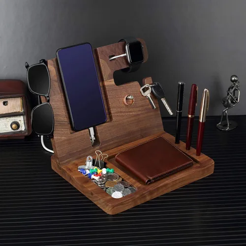 Miniatura 6 de awofer Estación de acoplamiento de madera, organizador de mesita de noche grabada personalizada, mesita de noche con soporte para teléfono, soporte