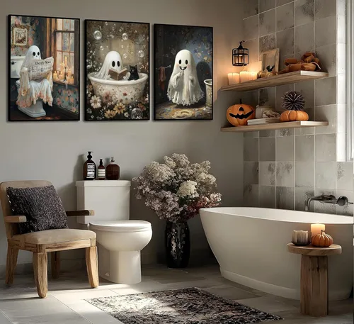Miniatura 3 de 3 pósteres de fantasmas de Halloween, arte de pared, fantasmas de terror y gato negro en el baño, decoración de pared, imágenes góticas oscuras