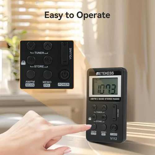 Miniatura 3 de Retekess V112 Radio de Bolsillo AM FM, Radio Digital con Auricular, Batería Recargable con Pantalla LCD para Caminar, Trotar, Entrenamiento (Negro)