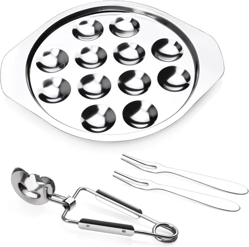 Juego de 4 piezas de Escargot Tool Caracol de acero inoxidable 4 Pes Juego de placa Escargot 12 agujeros con pinza Escargot y tenedor Escargot para