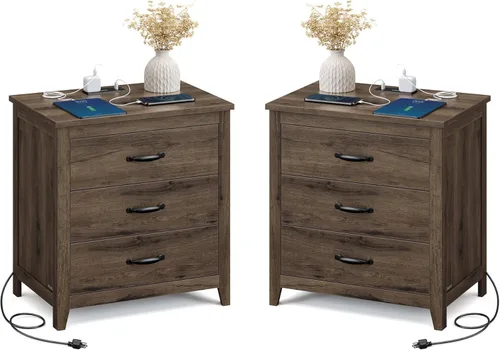 Miniatura 11 de VASAGLE Colección LIRY - Mesita de noche de estilo granja con estación de carga, mesita de noche, mesa auxiliar con 3 cajones, para dormitorio