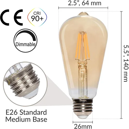 Miniatura 2 de Simba Lighting Bombillas LED Edison ST21 (ST64) de filamento vintage (ST64) (paquete de 6) de 6 W, regulable, equivalente a 60 W, vidrio ámbar