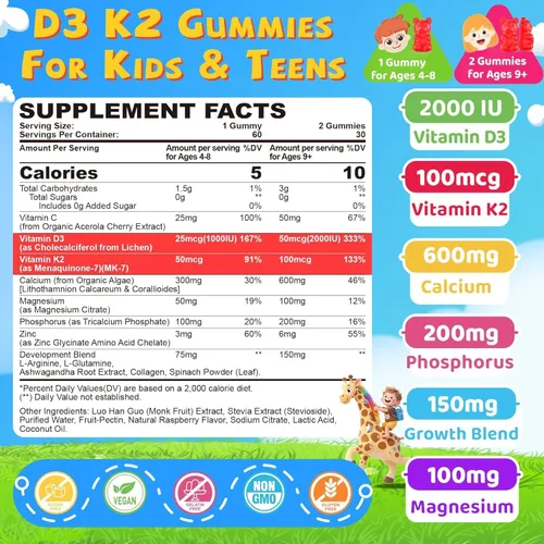Miniatura 2 de Gomas de vitamina D3 K2 para niños + calcio, magnesio, zinc, fósforo, vitamina C, suplemento multivitamínico para niños D3 y K2 para la salud ósea