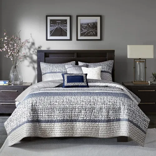 Madison Park Juego de edredón Queen de jacquard lustroso y purpurina, conjunto de cubrecama para cama tamaño Queen – para todas las estaciones,
