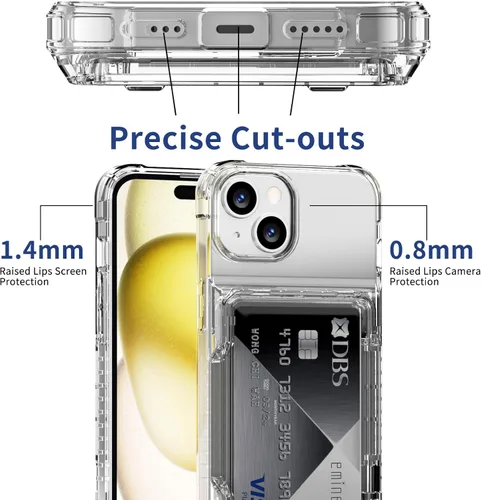 Miniatura 6 de ACANDYA Funda protectora transparente para iPhone 15 con tarjetero de crédito, protección resistente, antiarañazos, antiarañazos, amarilla