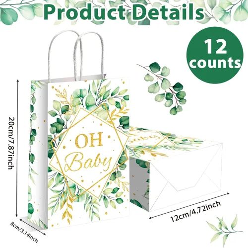 Miniatura 2 de 12 bolsas de regalo de fiesta Oh Baby de color verde salvia, bolsas de golosinas de hojas de eucalipto (4.7 x 3.1 x 7.9 pulgadas), bolsa de regalo