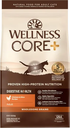 Miniatura 11 de Wellness CORE+ - Alimento seco para gatos adultos para interiores y exteriores, granos integrales, natural, salud digestiva con pollo y arroz