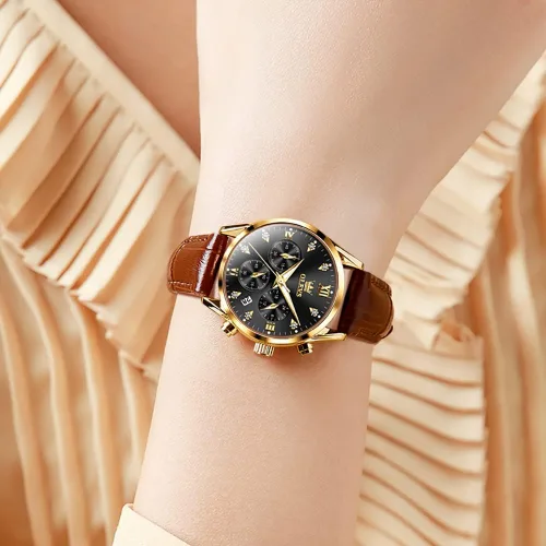 Miniatura 4 de OLEVS Reloj de pulsera para mujer, correa de cuero, reloj de cuarzo, cronógrafo, fecha, impermeable, luminoso, regalo para mujer