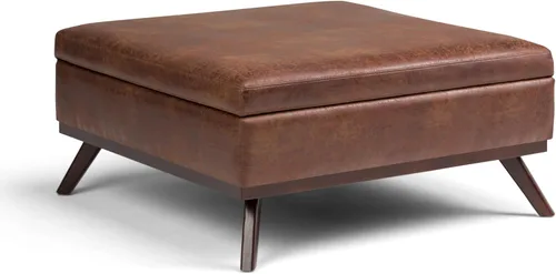 Simpli Home Owen - Mesa auxiliar cuadrada de 91 cm (36 pulgadas) de ancho, otomana de almacenamiento con tapa superior, reposapiés tapizado en cuero
