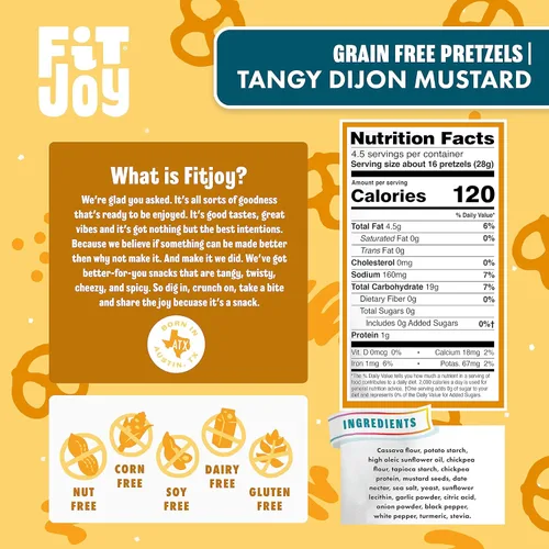 Miniatura 2 de FitJoy Tangy Dijon - Pretzels de mostaza (paquete de 6, 4.5 onzas) – Snacks sin lácteos, nueces y gluten – Raíz de yuca y harina de garbanzos sin