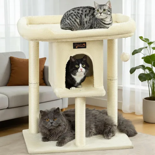 Poste rascador de torre para gatos grandes de interior, árbol pequeño para gatos con cama grande, casa de árboles de 28 pulgadas de alto con cueva