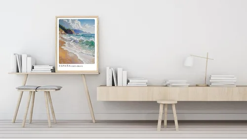 Miniatura 5 de Sea - Arte de pared abstracto con marco de playa de madera de roble, arte de pared de 8 x 10 pulgadas, póster retro español de ciudad, impresión