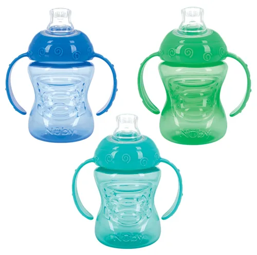 Nuby Paquete de 3 vasos para niños pequeños con dos asas y sin derrames, a prueba de derrames, con agarre fácil y firme, color aguamarina, azul,