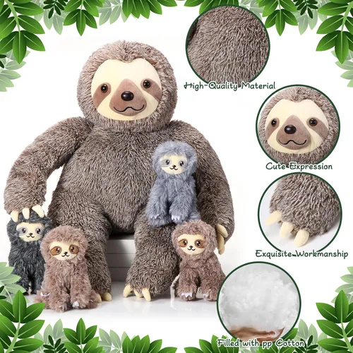 Miniatura 3 de Kasyat Juego de 5 piezas de animales de peluche de perezoso grande de 13 pulgadas, juguete de peluche con 4 bebés, peluches suaves para niños