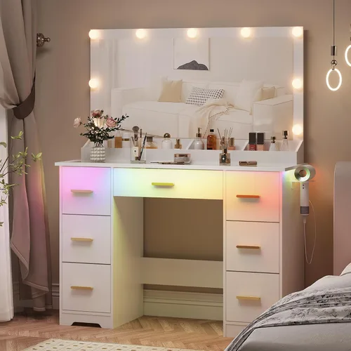 Miniatura 17 de Escritorio de tocador de 44 pulgadas con espejo grande de 38 pulgadas y 9 luces LED y parte superior de cristal y toma de corriente, juego