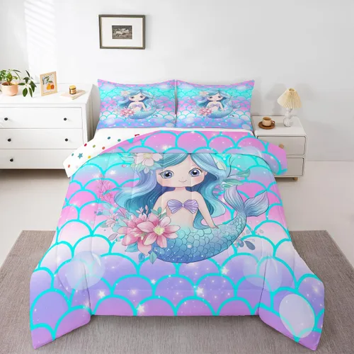 Erosebridal Juego de edredón de sirena para niños, tamaño matrimonial, para niñas, ropa de cama de sirena brillante azul y rosa, juego de ropa de
