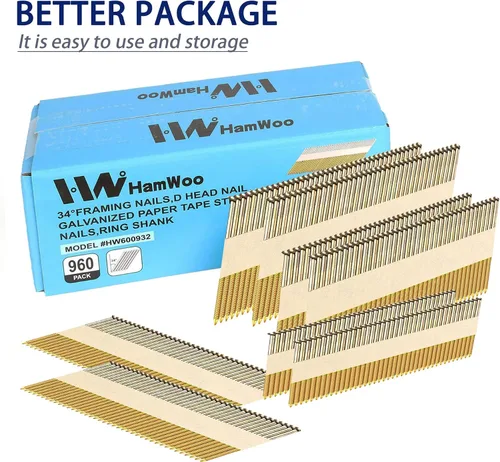 Miniatura 6 de HW HAMWOO Clavos de marco de 34°, paquete de uñas de cabeza D, paquete de 960