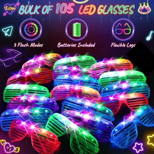 Miniatura 6 de HONLYNE 105 lentes LED, que brillan en la oscuridad, suministros de fiesta, anteojos iluminados para niños y adultos, gafas de neón intermitentes