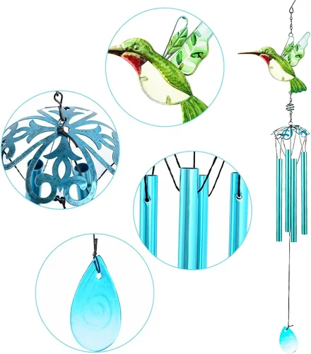 Miniatura 5 de Campanas de viento de colibrí verde, campanillas de viento para exteriores, campanillas románticas móviles pintadas de vidrio de 26 pulgadas, patio